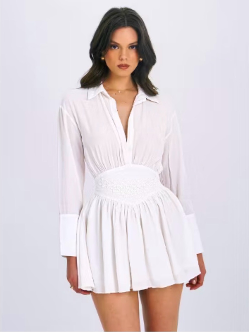 Miss Circle Jamila White Shirt Mini Dress Embroidered Waist Detail, New, Size S